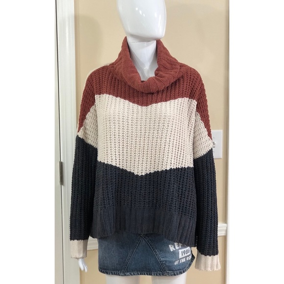 POL clothing size L Sweater soft cozy turtleneck colorblock cable knitting - Picture 6 of 8